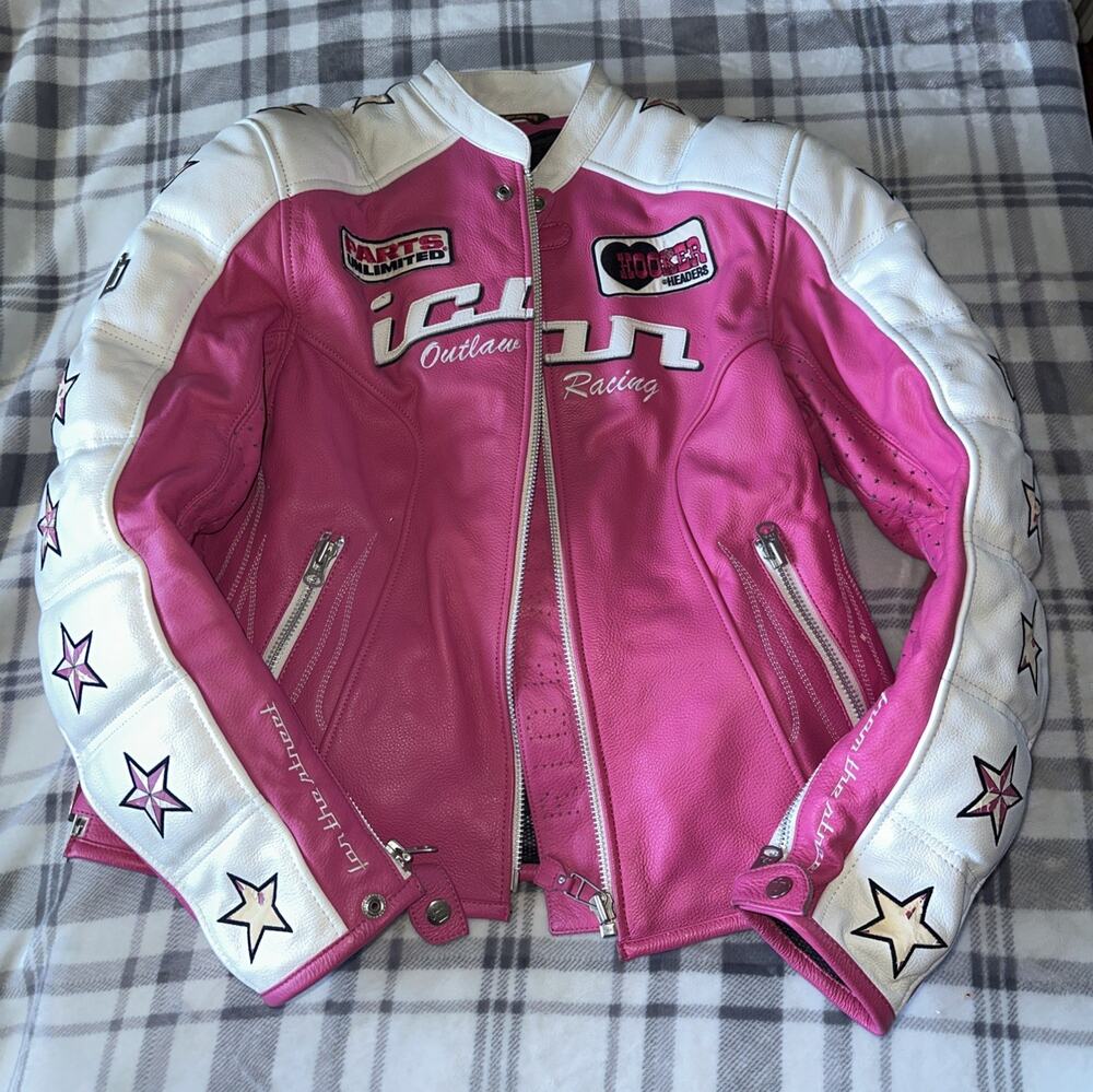 ICON Kitty Size XL Women's Y2K Leather Jacket Street Bike Motorcycle Pink Stars